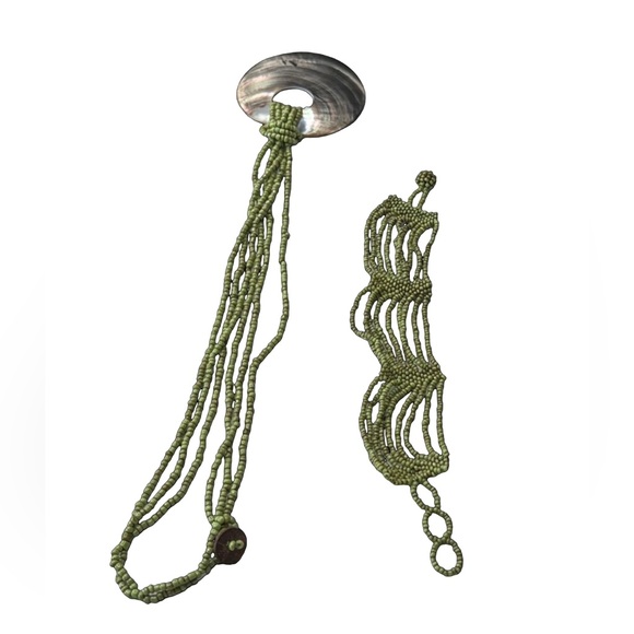 Green seed necklace with shell and matching bracelet New - Picture 3 of 3